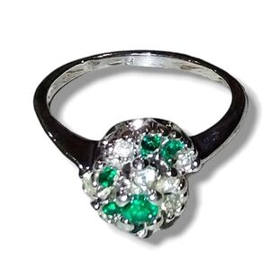 Rhodium Plated Green & Clear Rhinestone Swirl Cocktail Ring